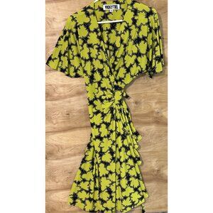 Vicky Tiel Woman’s Med Chartreuse Black Wrap Dress Stretch Party